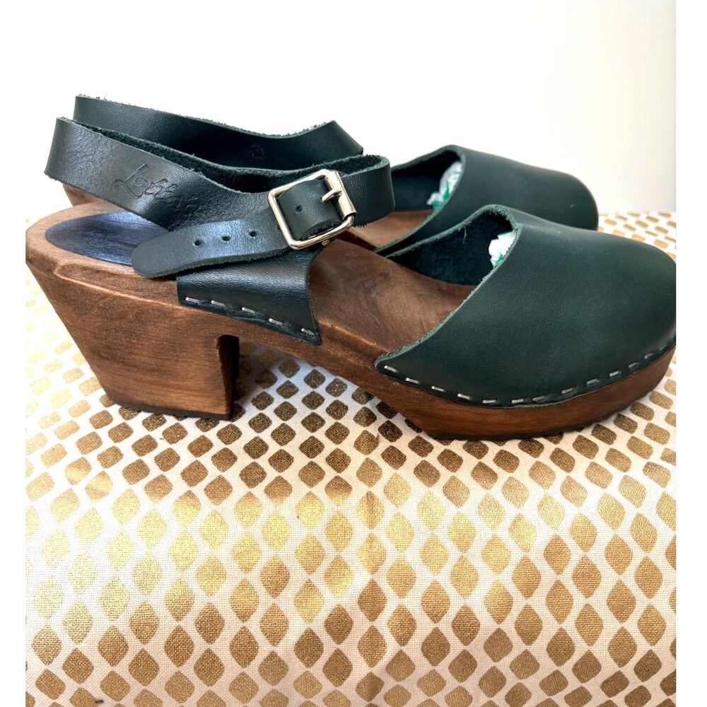 Lotta from Stockholm Dark Hunter Forest Green Leather Wood Heel Clog Sandals 41 - Picture 8 of 14